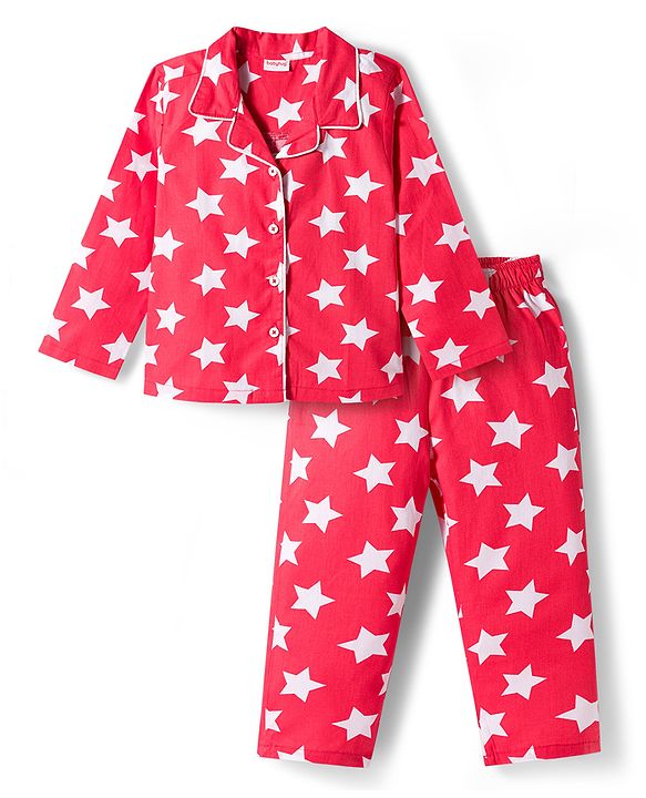 Babyhug Cotton Woven Full Sleeves Co-ords Night Suit With Star Print - Red