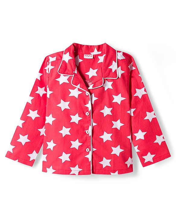 Babyhug Cotton Woven Full Sleeves Co-ords Night Suit With Star Print - Red