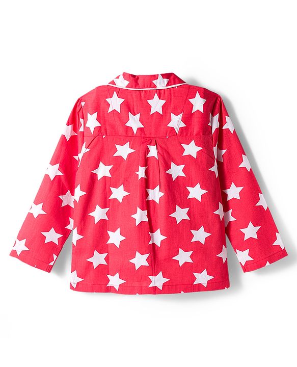Babyhug Cotton Woven Full Sleeves Co-ords Night Suit With Star Print - Red