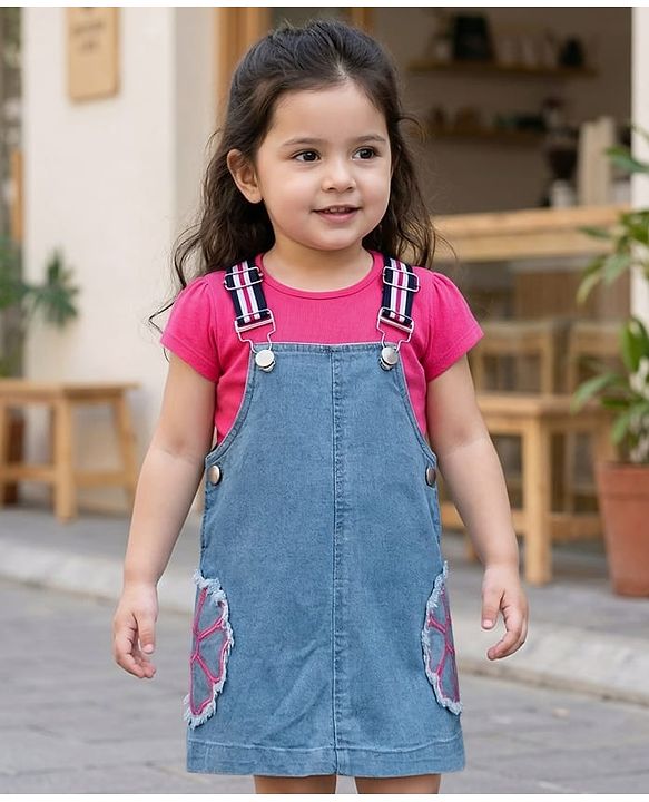 Babyhug Denim Woven Half Sleeves Frock with Inner T-Shirt & Floral Embroidery - Blue
