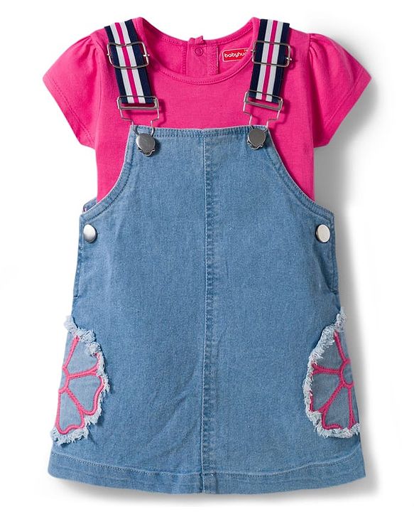 Babyhug Denim Woven Half Sleeves Frock with Inner T-Shirt & Floral Embroidery - Blue