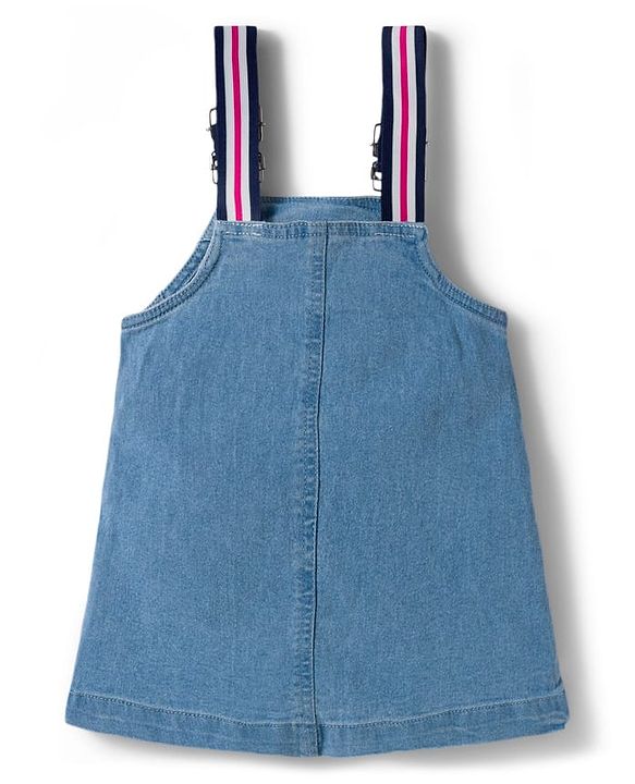 Babyhug Denim Woven Half Sleeves Frock with Inner T-Shirt & Floral Embroidery - Blue