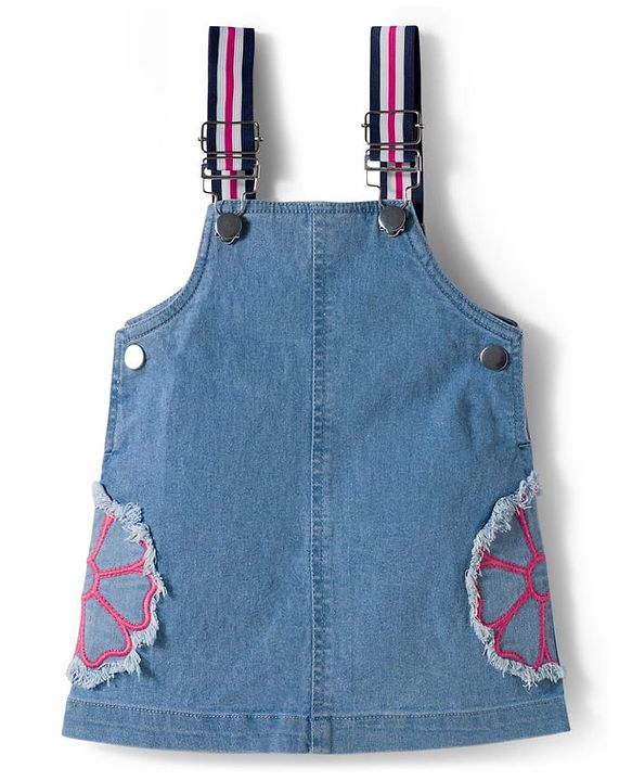 Babyhug Denim Woven Half Sleeves Frock with Inner T-Shirt & Floral Embroidery - Blue