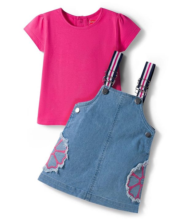 Babyhug Denim Woven Half Sleeves Frock with Inner T-Shirt & Floral Embroidery - Blue