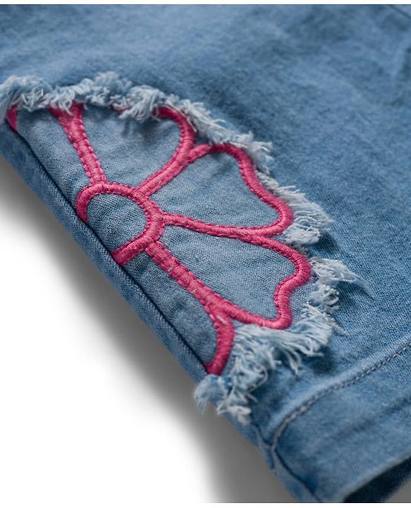 Babyhug Denim Woven Half Sleeves Frock with Inner T-Shirt & Floral Embroidery - Blue