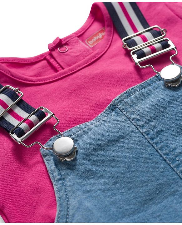 Babyhug Denim Woven Half Sleeves Frock with Inner T-Shirt & Floral Embroidery - Blue