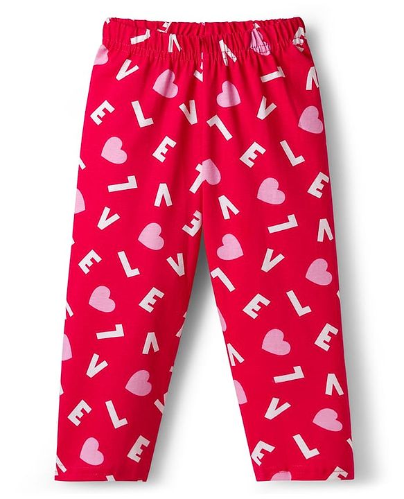 Babyhug Cotton Knit Full Sleeves Co-ord Night Suit With Heart Print - Red