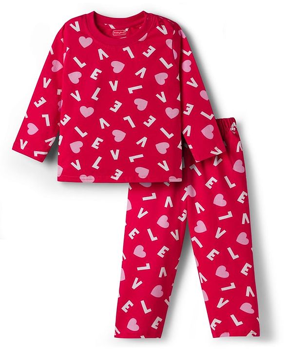 Babyhug Cotton Knit Full Sleeves Co-ord Night Suit With Heart Print - Red