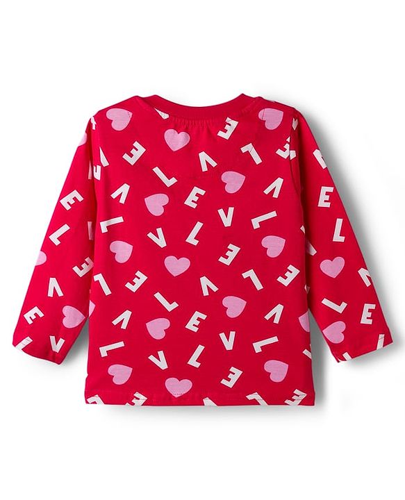 Babyhug Cotton Knit Full Sleeves Co-ord Night Suit With Heart Print - Red
