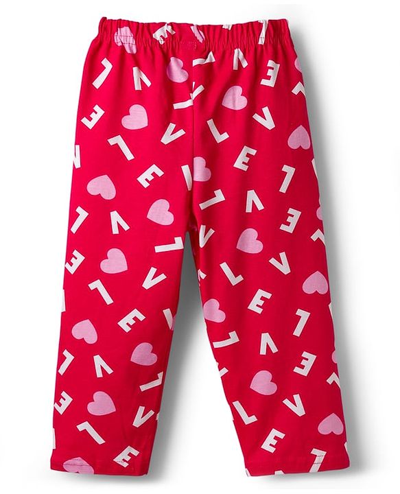 Babyhug Cotton Knit Full Sleeves Co-ord Night Suit With Heart Print - Red