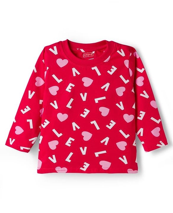 Babyhug Cotton Knit Full Sleeves Co-ord Night Suit With Heart Print - Red