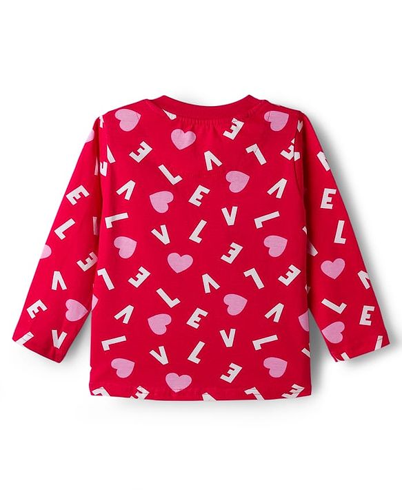 Babyhug Cotton Knit Full Sleeves Co-ord Night Suit With Heart Print - Red