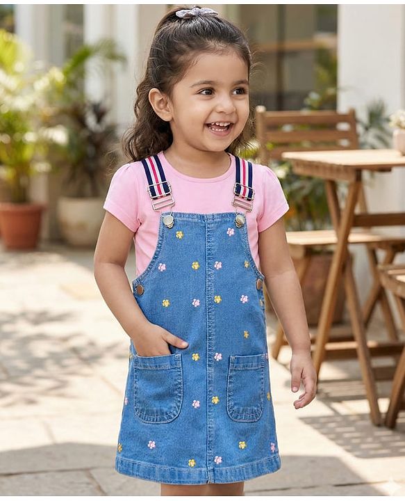Babyhug Denim Woven Frock with Half Sleeves Inner Tee & Floral Embroidery - Blue & Pink