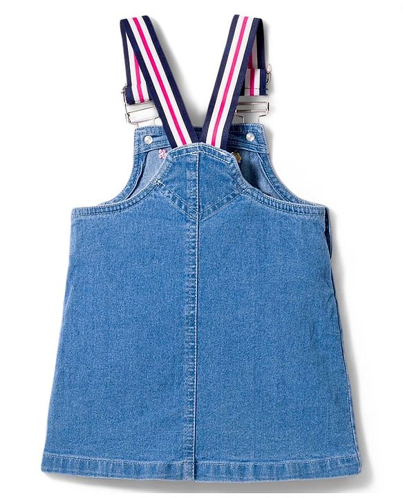 Babyhug Denim Woven Frock with Half Sleeves Inner Tee & Floral Embroidery - Blue & Pink