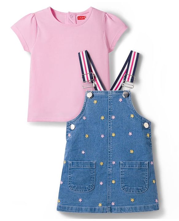 Babyhug Denim Woven Frock with Half Sleeves Inner Tee & Floral Embroidery - Blue & Pink