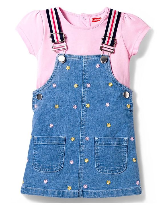 Babyhug Denim Woven Frock with Half Sleeves Inner Tee & Floral Embroidery - Blue & Pink