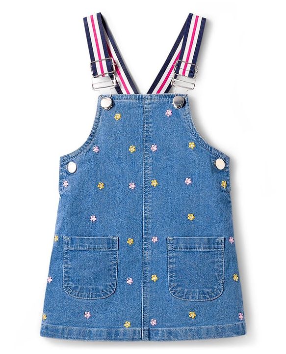 Babyhug Denim Woven Frock with Half Sleeves Inner Tee & Floral Embroidery - Blue & Pink