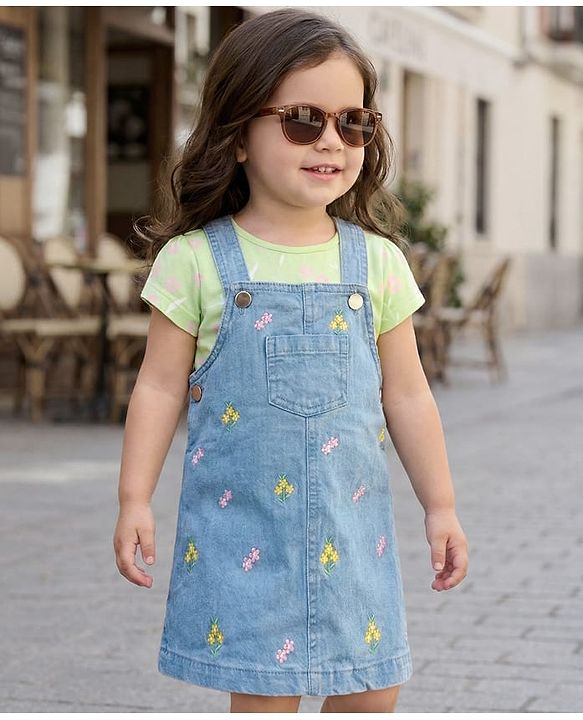 Babyhug Denim Woven Half Sleeves Frock with Inner T-Shirt & Floral Embroidery - Blue