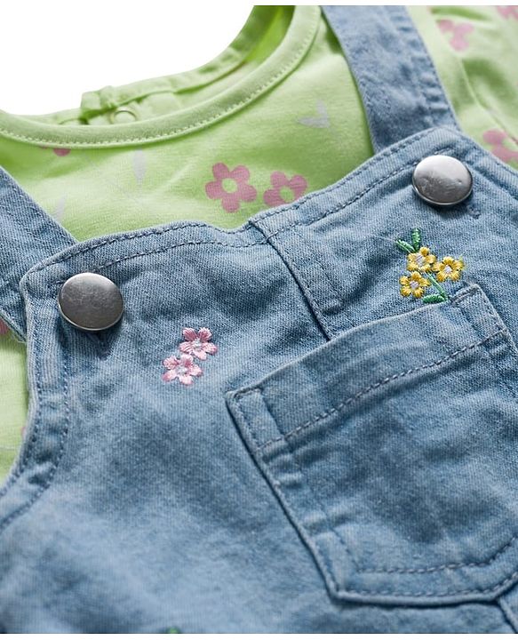 Babyhug Denim Woven Half Sleeves Frock with Inner T-Shirt & Floral Embroidery - Blue