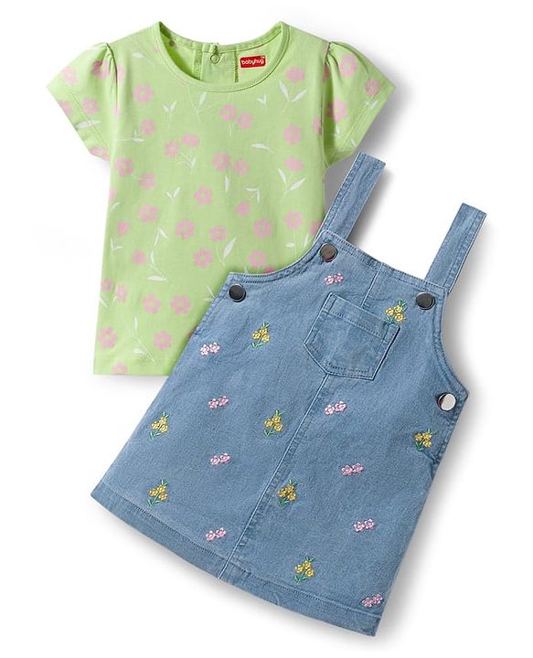 Babyhug Denim Woven Half Sleeves Frock with Inner T-Shirt & Floral Embroidery - Blue