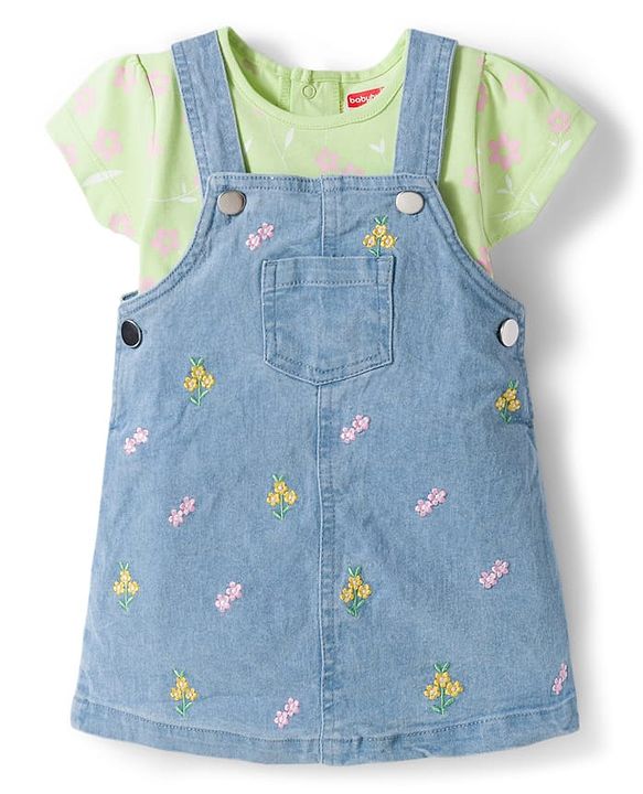 Babyhug Denim Woven Half Sleeves Frock with Inner T-Shirt & Floral Embroidery - Blue
