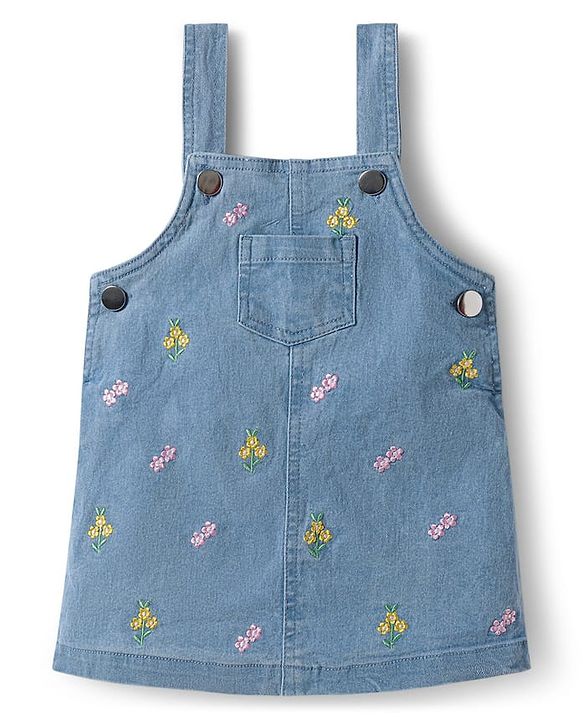 Babyhug Denim Woven Half Sleeves Frock with Inner T-Shirt & Floral Embroidery - Blue