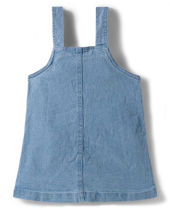 Babyhug Denim Woven Half Sleeves Frock with Inner T-Shirt & Floral Embroidery - Blue