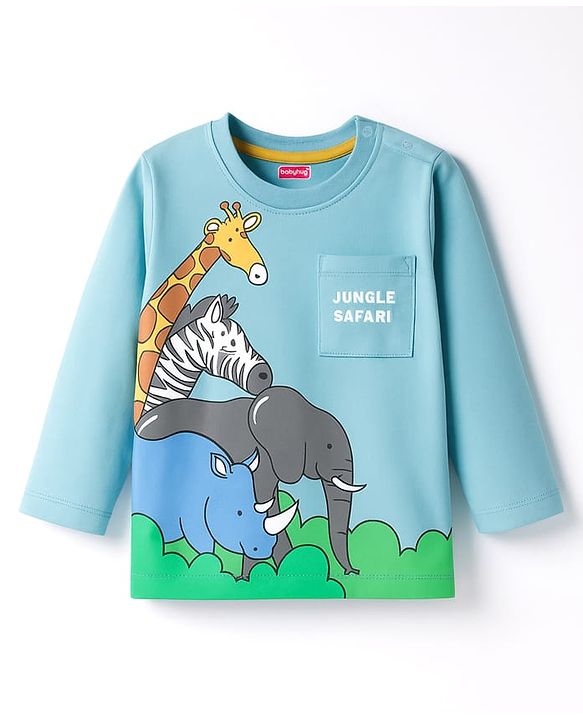 Babyhug 100% Cotton Knit Full Sleeves T-Shirt with Safari Theme Print - Light Blue