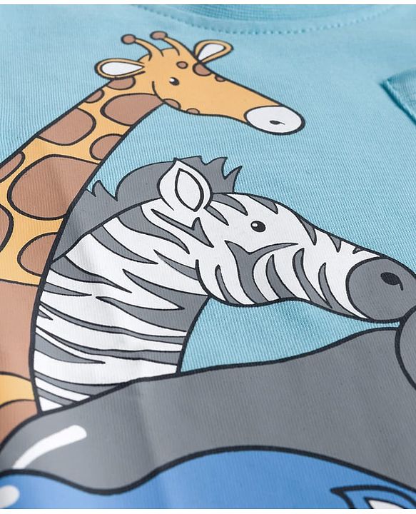 Babyhug 100% Cotton Knit Full Sleeves T-Shirt with Safari Theme Print - Light Blue