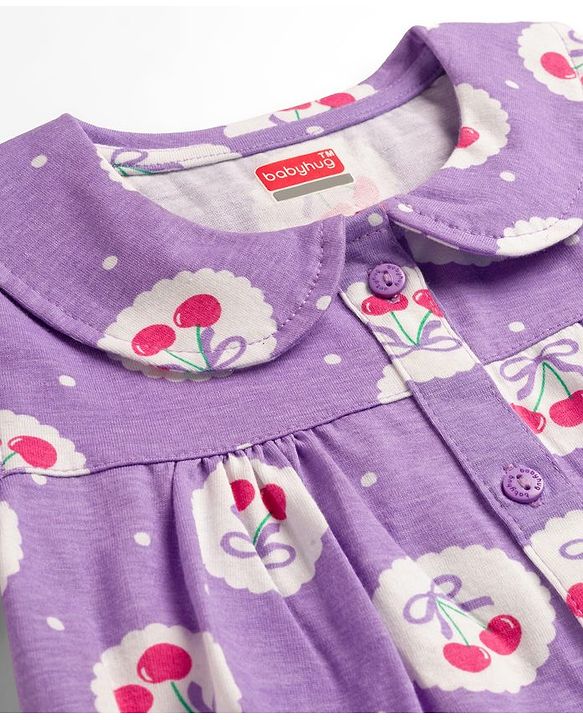 Babyhug Cotton Knit Full Sleeves Co-ord Night Suit With Cherry & Polka Dot Print - Lilac
