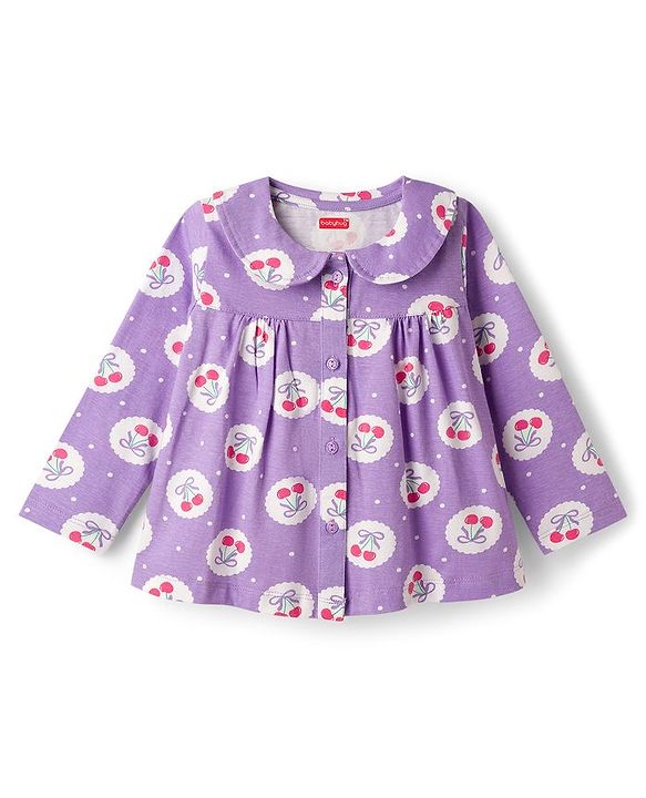Babyhug Cotton Knit Full Sleeves Co-ord Night Suit With Cherry & Polka Dot Print - Lilac