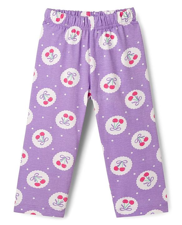 Babyhug Cotton Knit Full Sleeves Co-ord Night Suit With Cherry & Polka Dot Print - Lilac