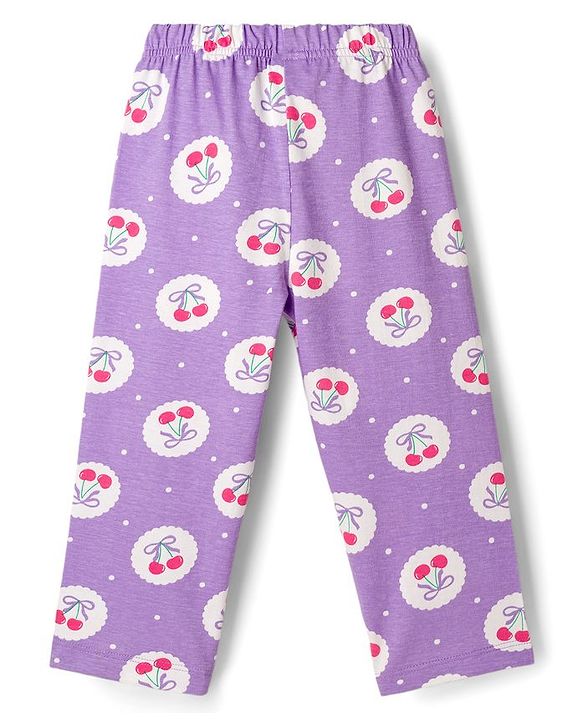 Babyhug Cotton Knit Full Sleeves Co-ord Night Suit With Cherry & Polka Dot Print - Lilac