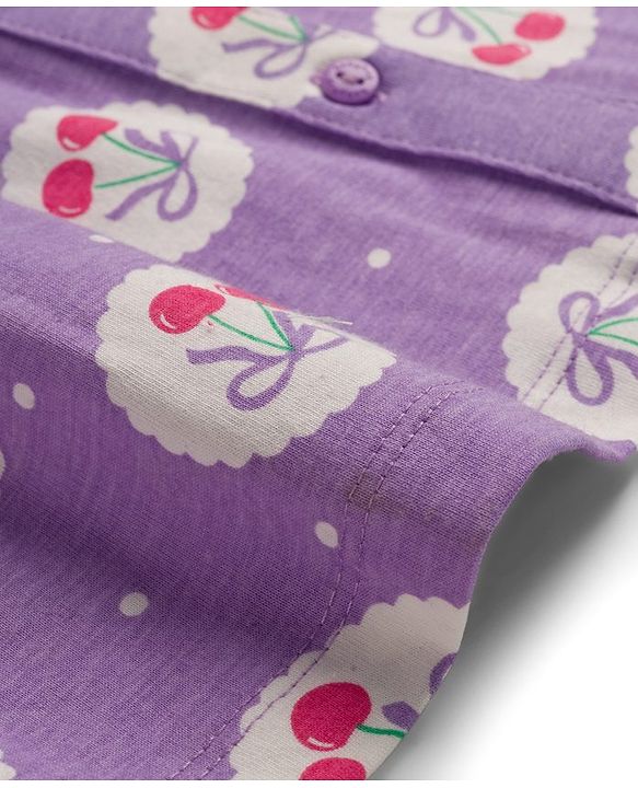Babyhug Cotton Knit Full Sleeves Co-ord Night Suit With Cherry & Polka Dot Print - Lilac