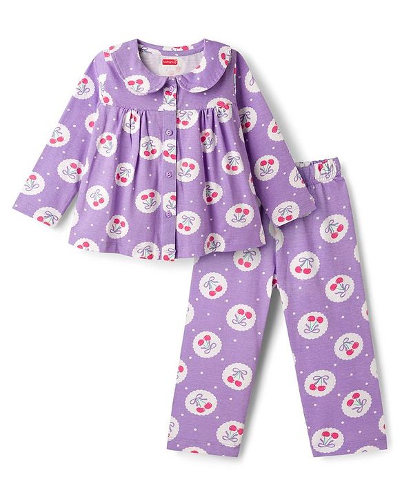 Babyhug Cotton Knit Full Sleeves Co-ord Night Suit With Cherry & Polka Dot Print - Lilac