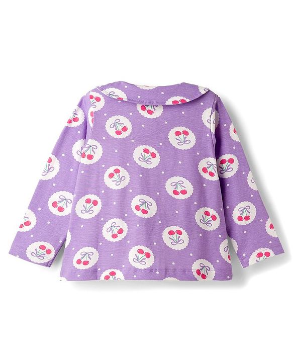 Babyhug Cotton Knit Full Sleeves Co-ord Night Suit With Cherry & Polka Dot Print - Lilac