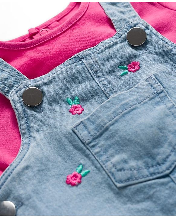 Babyhug Denim Woven Half Sleeves Frock with Inner T-Shirt & Floral Embroidery - Blue