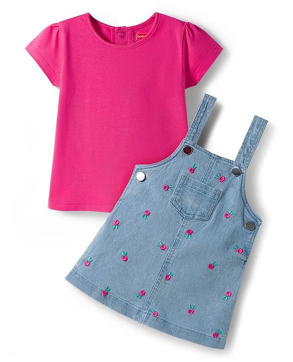 Babyhug Denim Woven Half Sleeves Frock with Inner T-Shirt & Floral Embroidery - Blue