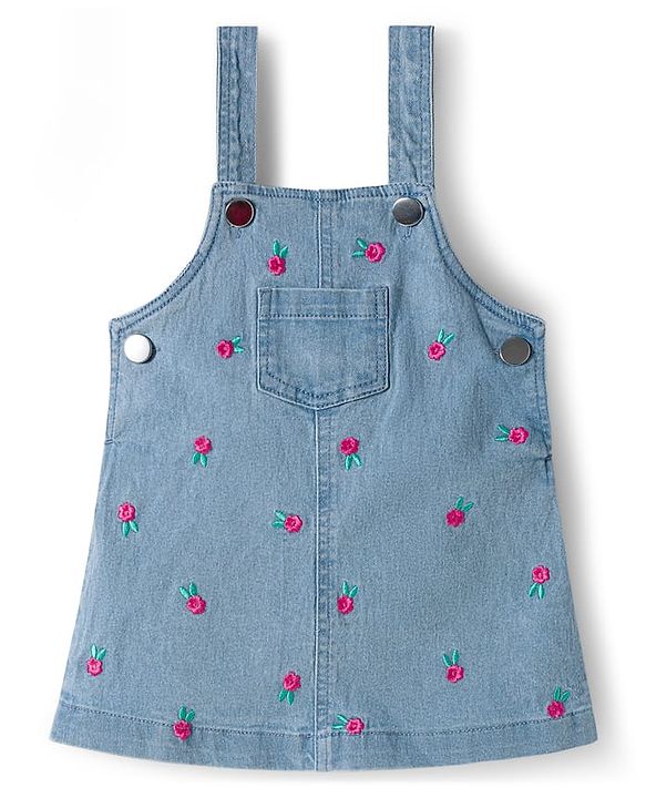 Babyhug Denim Woven Half Sleeves Frock with Inner T-Shirt & Floral Embroidery - Blue