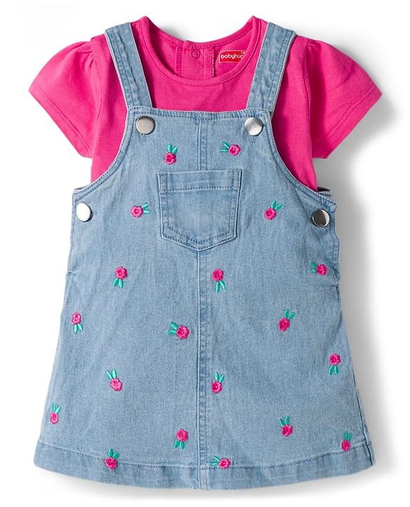 Babyhug Denim Woven Half Sleeves Frock with Inner T-Shirt & Floral Embroidery - Blue