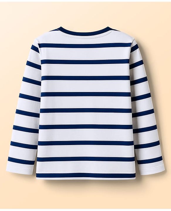 Babyhug 100% Cotton Knit Full Sleeves Striped T-Shirt With Teddy Bear Print - Navy Blue & White