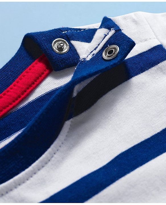 Babyhug 100% Cotton Knit Full Sleeves Striped T-Shirt With Teddy Bear Print - Navy Blue & White