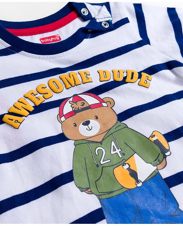 Babyhug 100% Cotton Knit Full Sleeves Striped T-Shirt With Teddy Bear Print - Navy Blue & White