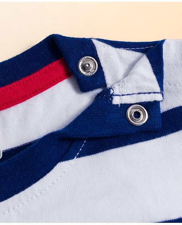 Babyhug 100% Cotton Knit Full Sleeves Striped T-Shirt With Teddy Bear Print - Navy Blue & White