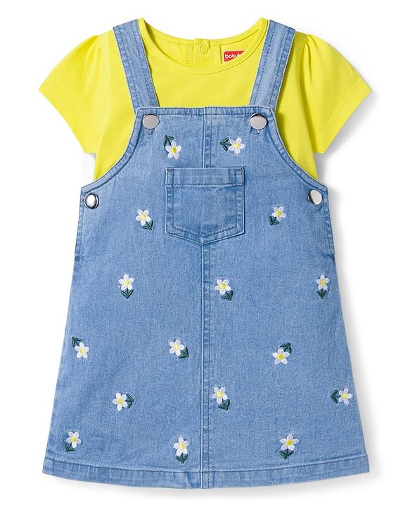 Babyhug Denim Woven Half Sleeves Frock with Inner T-Shirt & Floral Embroidery - Blue