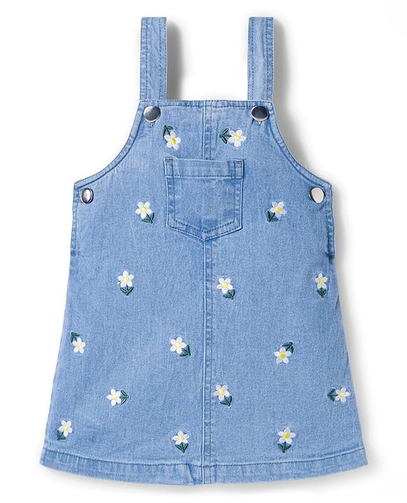 Babyhug Denim Woven Half Sleeves Frock with Inner T-Shirt & Floral Embroidery - Blue