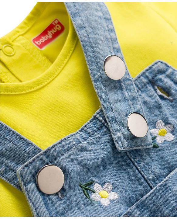 Babyhug Denim Woven Half Sleeves Frock with Inner T-Shirt & Floral Embroidery - Blue