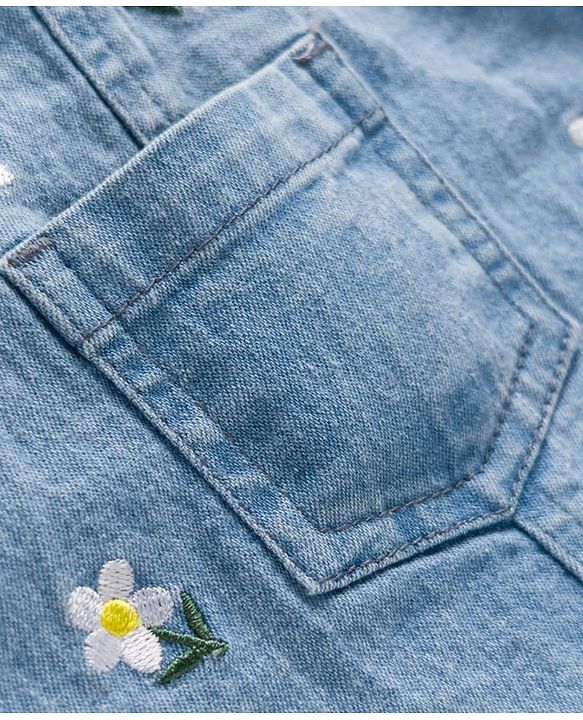 Babyhug Denim Woven Half Sleeves Frock with Inner T-Shirt & Floral Embroidery - Blue