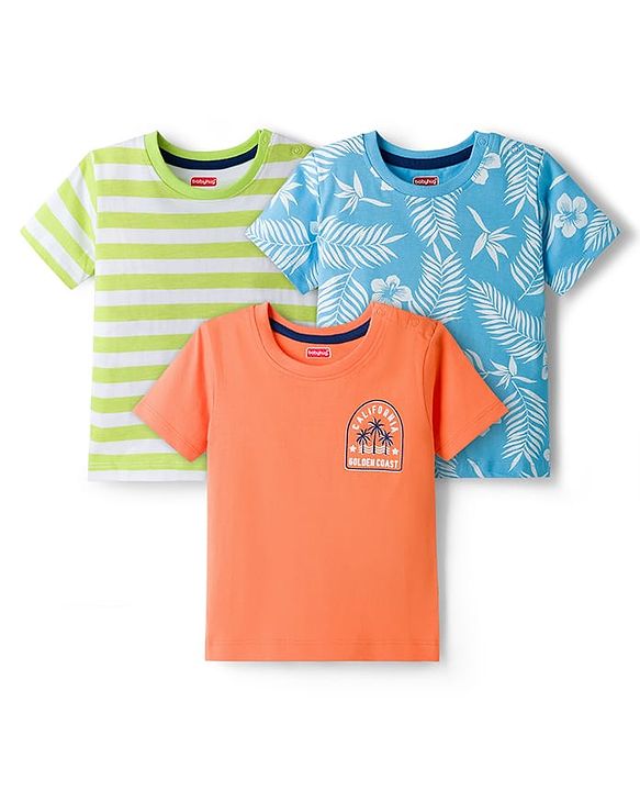 Babyhug 100% Cotton Knit Half Sleeves T-Shirts With Tropical Theme Print Pack of 3 - Peach Green & Blue