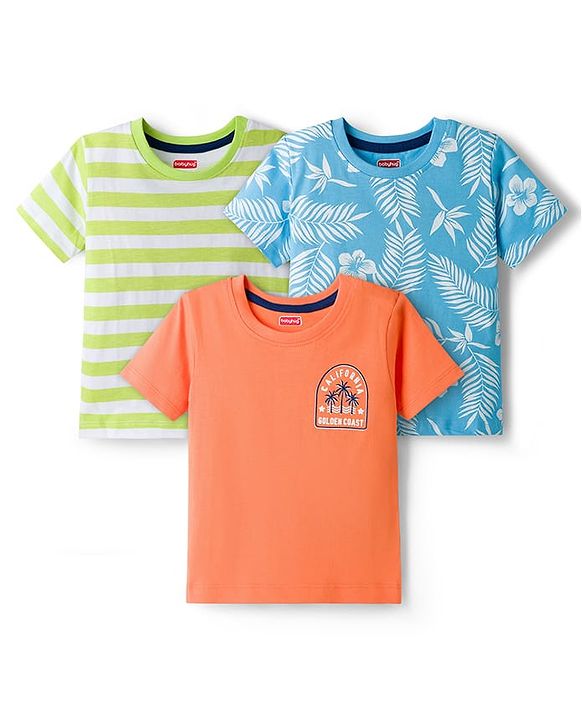 Babyhug 100% Cotton Knit Half Sleeves T-Shirts With Tropical Theme Print Pack of 3 - Peach Green & Blue